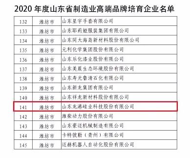 龍港硅業(yè)成功入選“山東省制造業(yè)高端品牌培育企業(yè)”！